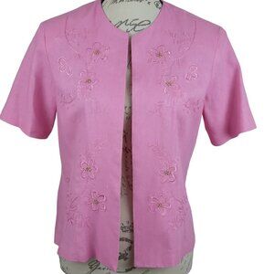 A. K. C. | Linen Open Front Embroidered Beaded  Pink Jacket | Size PM